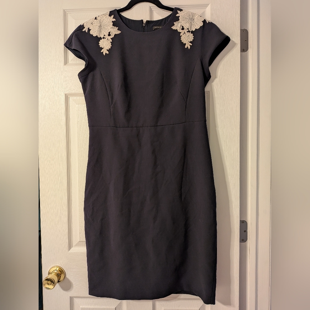 Elegant Navy Ann Taylor Dress with Cream Floral Applique Embroidery